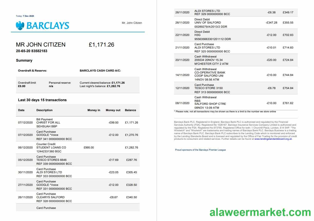 United Kingdom Barclays bank statement template in Word and PDF format, version 3 (2 pages)